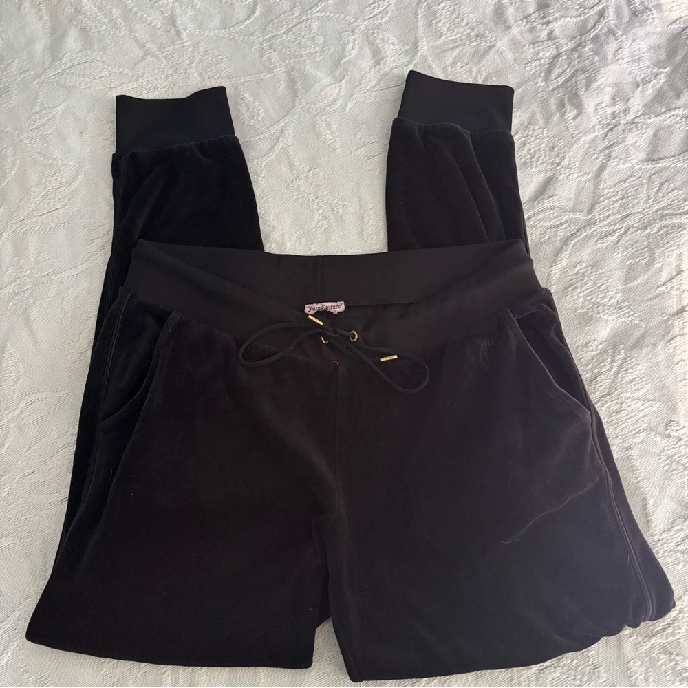 Black Juicy Couture Velour Velvet High Waisted Tapered Joggers Size Large
